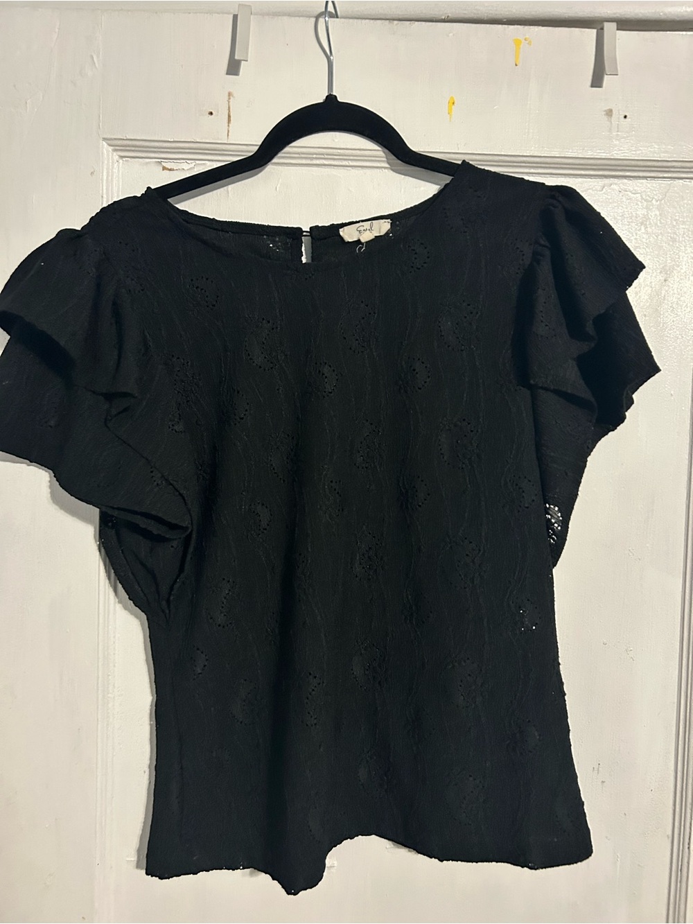 easel Black Eyelet Flutter-Sleeve Top